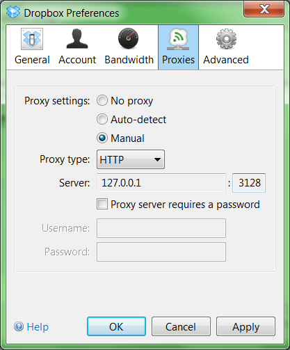 Dropbox Client Proxy Settings