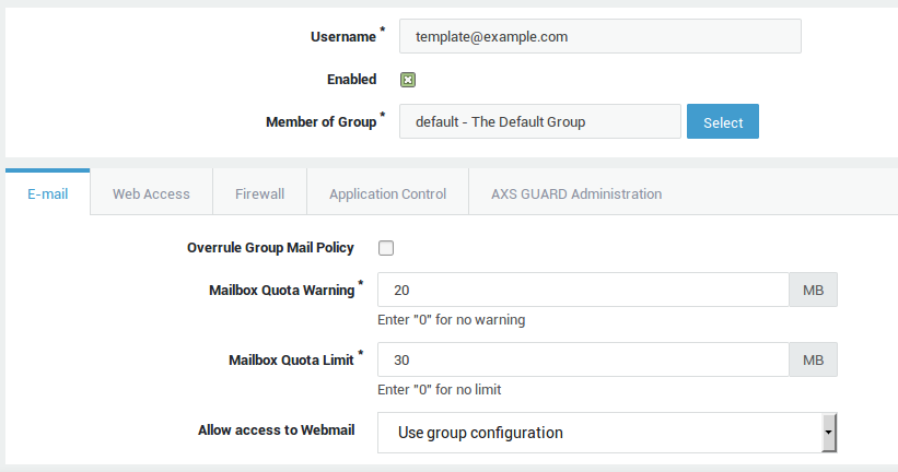 Example of a user template on the AXS Guard