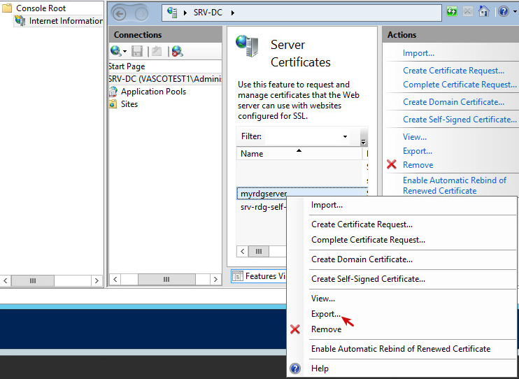 IIS Manager - Exporting a Certificate