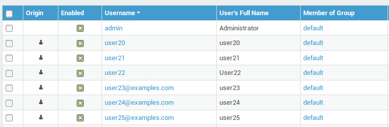 Various username formats as they appear under Users and Groups > Users