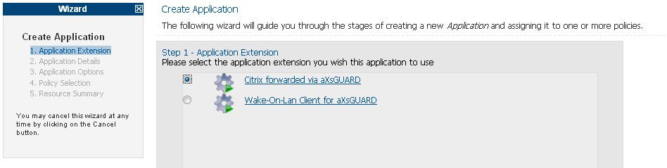 Selecting Citrix Application Extension