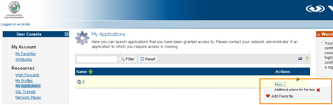 Adding an Application to Favorites